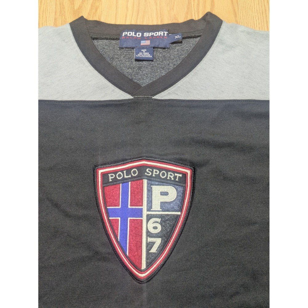Polo Sport Mens V-Neck P67 Shield Patch Short Sleeve T-Shirt Black Gray XL